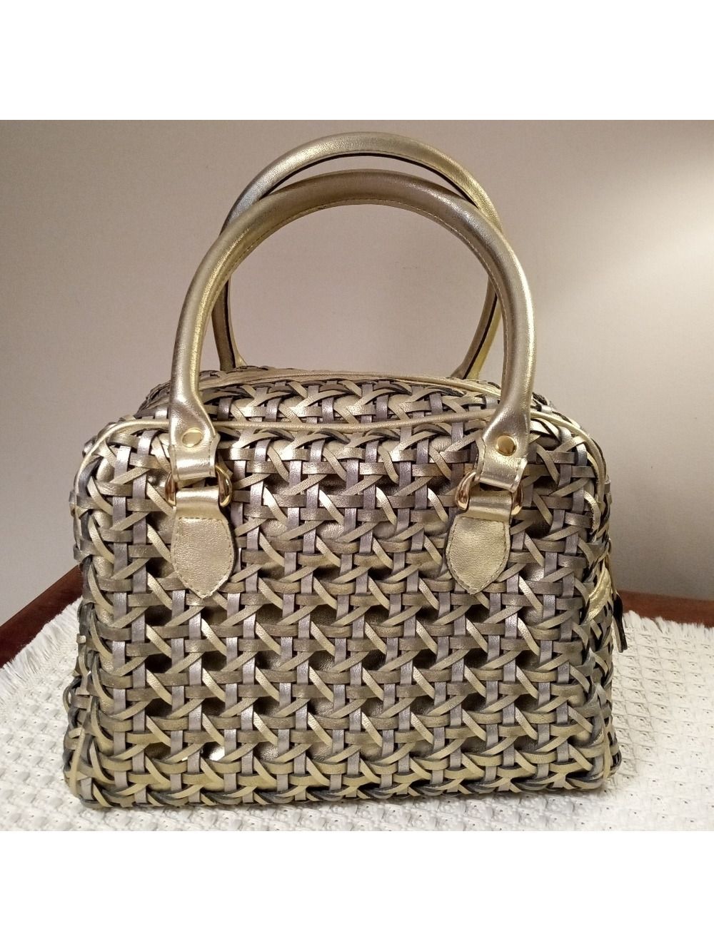 Warren Reed Gold Silver Metallic Woven Leather Satchel Large